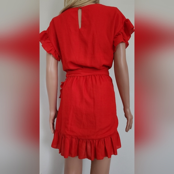 ETOPHE STUDIOS RED ORANGE FAUX WRAP SHOR FRILLS WAIST TIE DRESS LARGE - Picture 12 of 13
